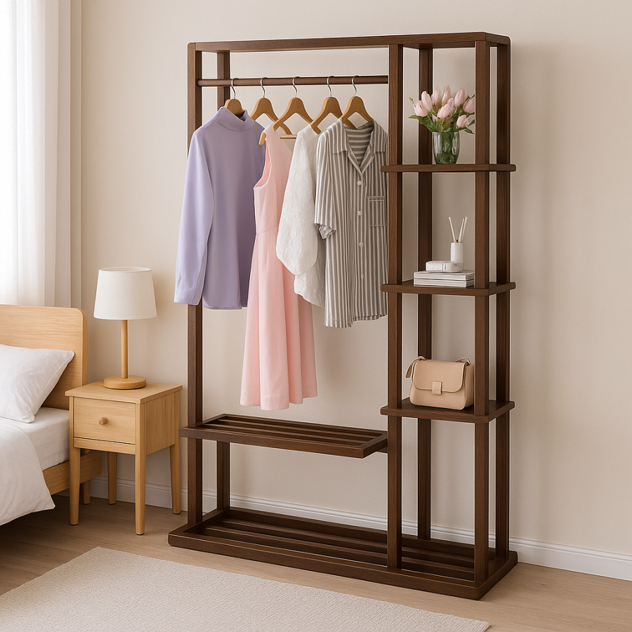 Solid Clothes Rack with Shelves – Open Wardrobe Stand with Hanging Rail