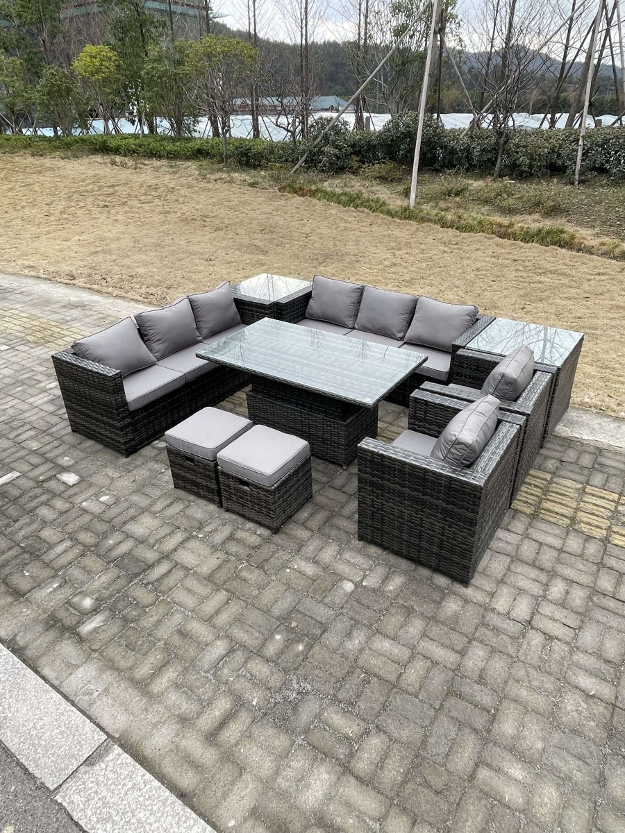 Click to view product details and reviews for Fimous 9 Seateroutdoor Rattan Garden Furniture Set Adjustable Rising Lifting Dining Table With Side Table Chairs Stools Dark Grey Mixed.