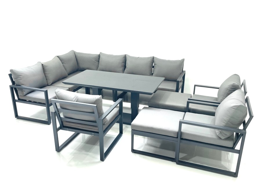Click to view product details and reviews for Fimous Aluminum Outdoor Garden Furniture Set Corner Sofa 3 Chair 2 Big Footstools Adjustable Rising Lifting Dining Table Sets Dark Grey.
