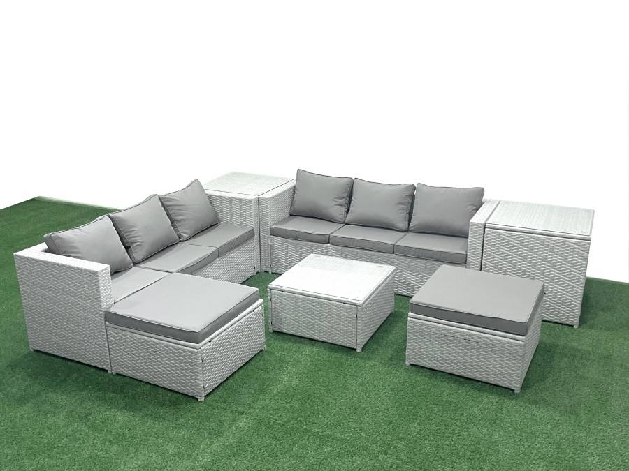 Click to view product details and reviews for Fimous Rattan Garden Outdoor Furniture Set 8 Seater Rattan Garden Sofa Set With 2 Big Footstools 2 Side Tables Light Grey Mixed.
