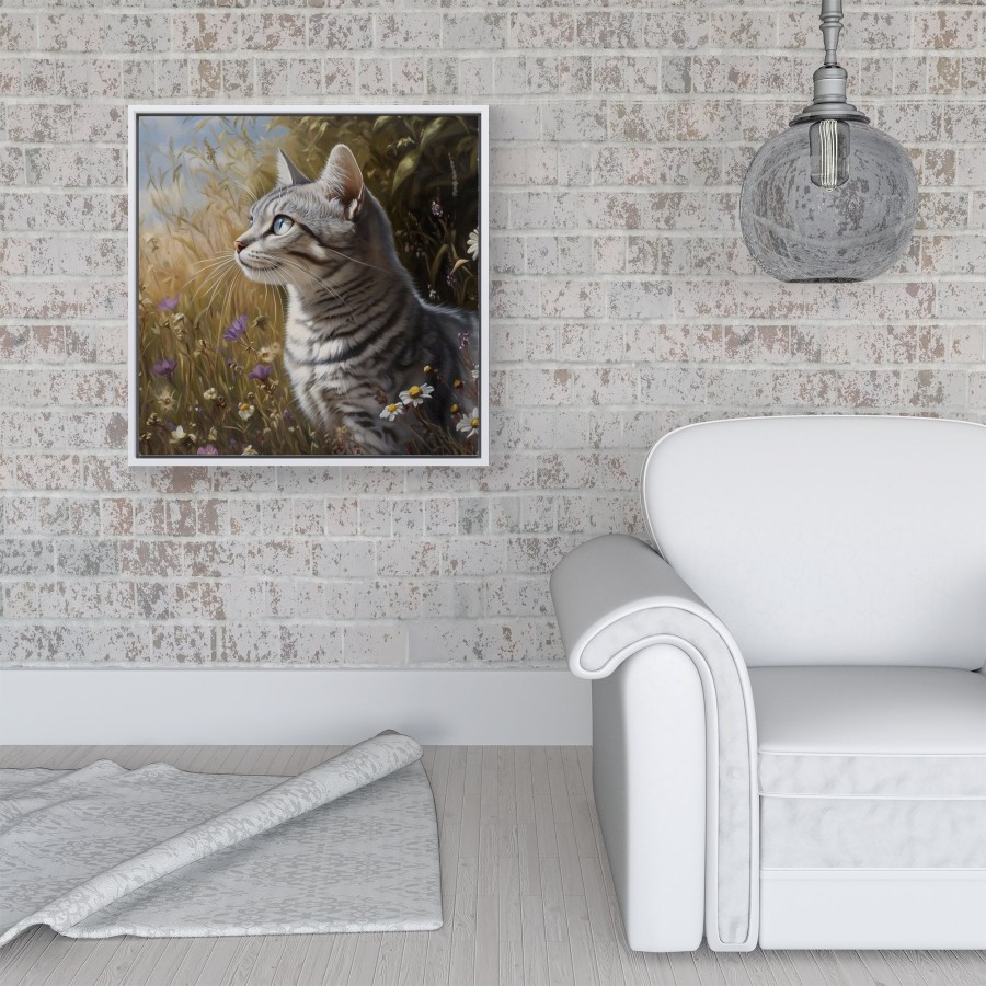 Click to view product details and reviews for Silver Tabby Cat In A Spring Meadow Framed Canvas 16 X 16 White.