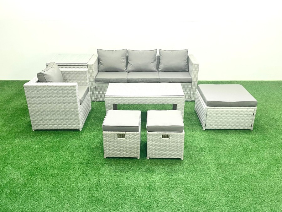 Click to view product details and reviews for Fimous Rattan Garden Furniture Set Outdoor Lounger Sofa With Coffee Table 3 Footstools Side Table Light Grey Mixed.