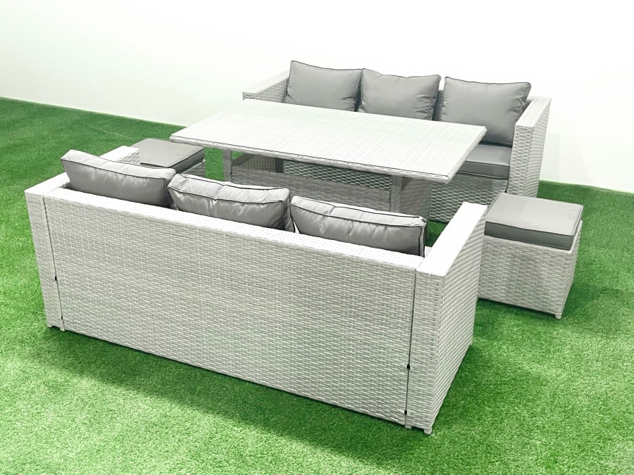 Click to view product details and reviews for Fimous Rattan Garden Furniture Set 8 Seater Outdoor Sofa Set With Dining Table 2 Small Footstools Light Grey Mixed.