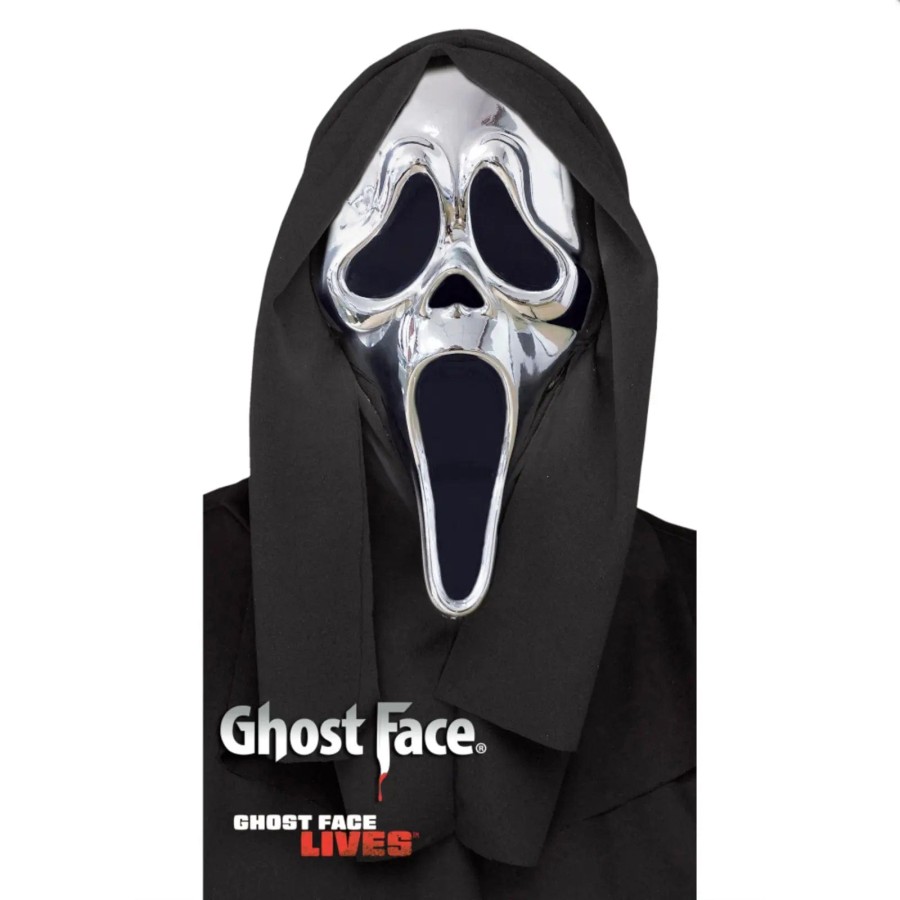 Click to view product details and reviews for Ghost Face Silver Chrome Mask With Black Shroud Fancy Dress.