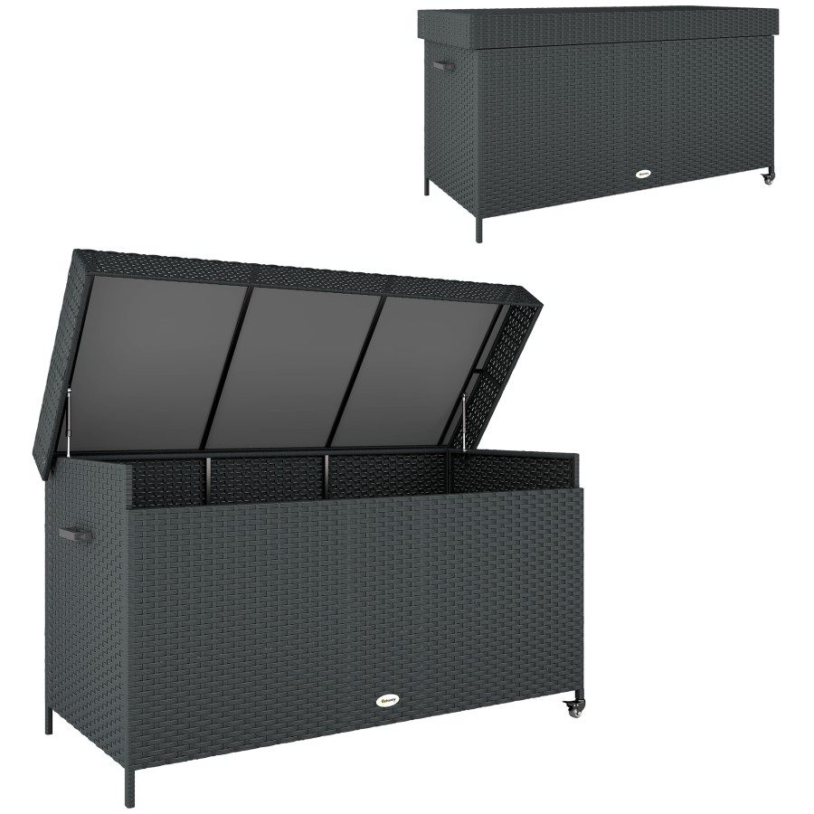 Outsunny 627 L Rattan Garden Storage Box with Gas Lift Lid and Wheels, Black