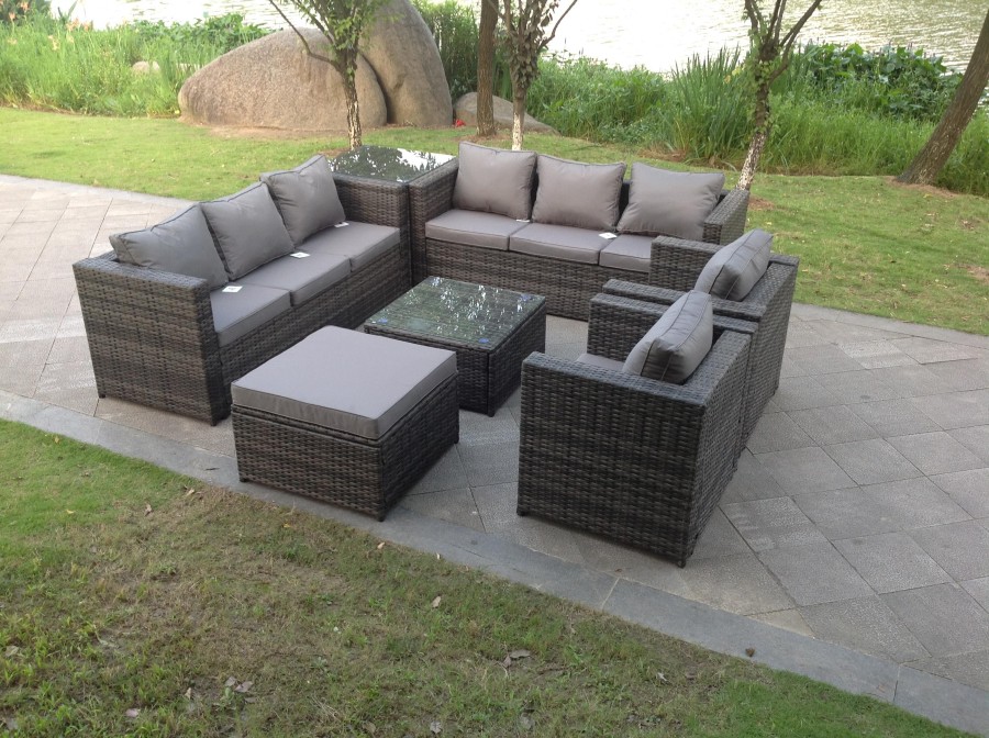 Click to view product details and reviews for 9 Seater Dark Grey Mix Rattan Garden Furniture Set Outdoor Footstool Coffee Table.