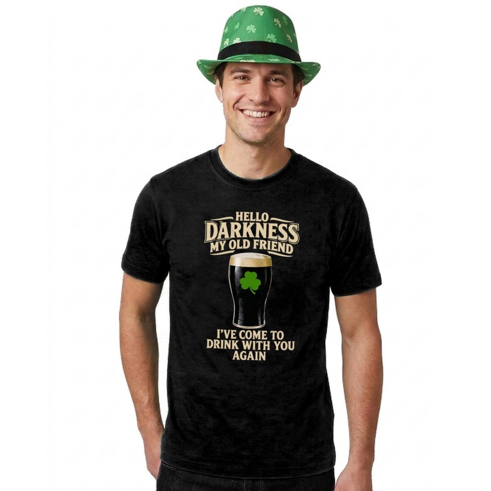 Click to view product details and reviews for Adults Funny St Patricks Day Costume Trilby Hat T Shirt &ldquo;hello Darkness My Old Friend Ive Come To Drink With You Again&rdquo; Black Tee With Beig.