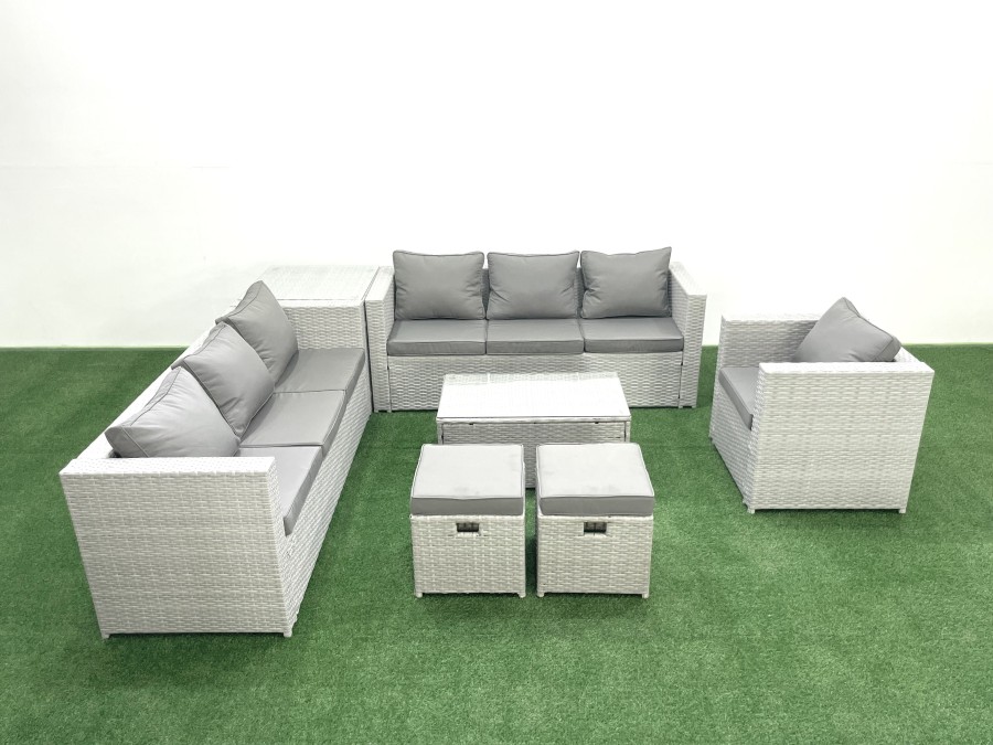 Click to view product details and reviews for Fimous Wicker Pe Rattan Sofa Garden Furniture Set With Armchair Oblong Coffee Table 2 Small Footstools Side Table Light Grey Mixed.