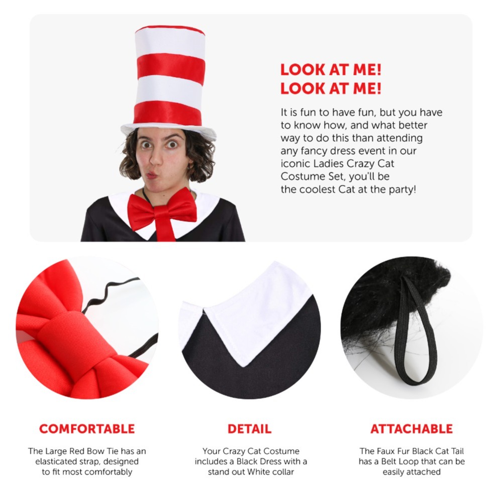 Ladies Crazy Cat Costume Set - Hat, Gloves & Tail
