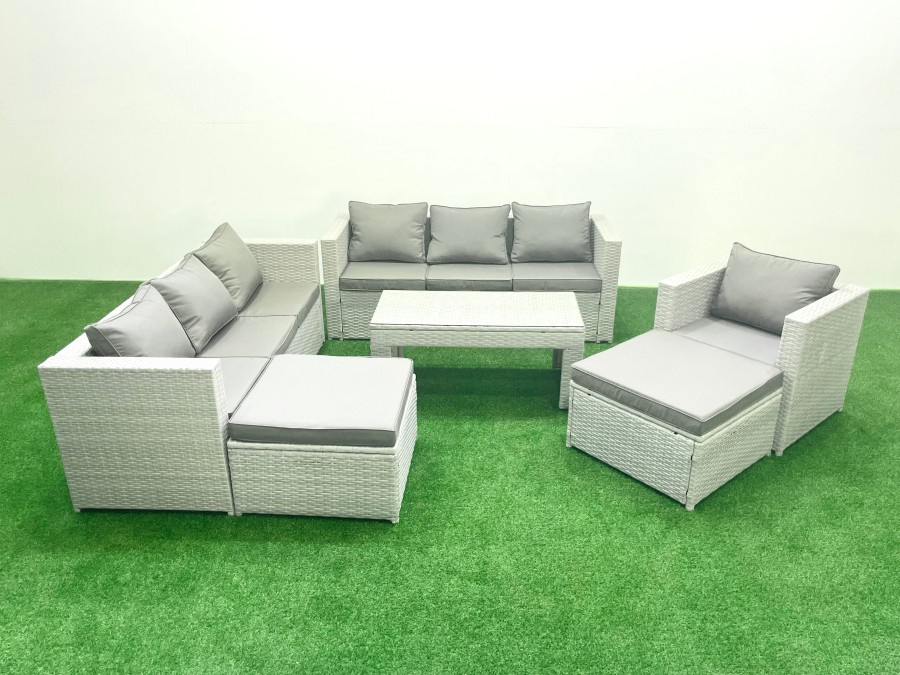Click to view product details and reviews for Fimous Wicker Pe Rattan Sofa Garden Furniture Set With Oblong Coffee Table Armchair 2 Big Footstools Light Grey Mixed.