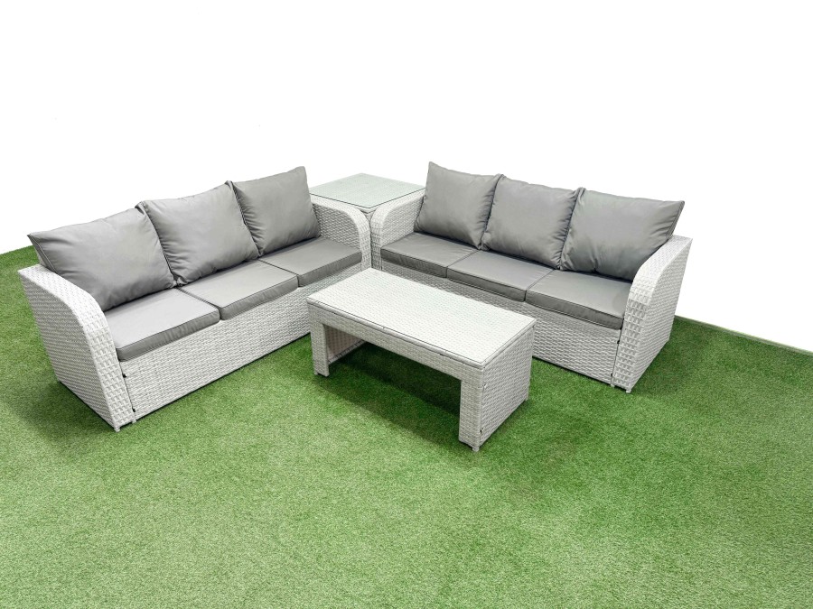 Click to view product details and reviews for Fimous Outdoor Garden Furniture Sets 6 Seater Wicker Rattan Furniture Sofa Sets With Oblong Coffee Table High Back Lounge Sofa Side Table Light Grey.