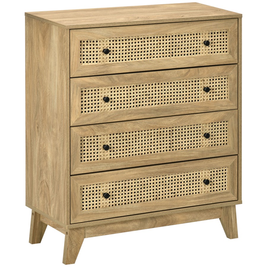 HOMCOM Chest of Drawers, 4 Drawer Unit Storage Organiser with Rattan Element