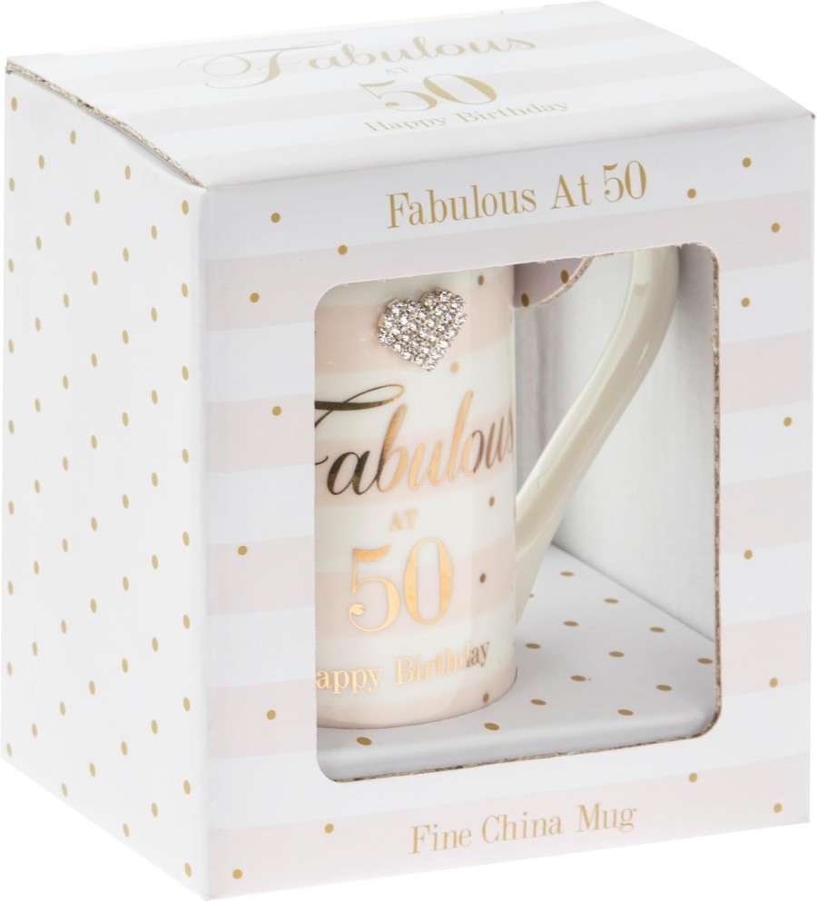 Click to view product details and reviews for Mad Dots Fabulous At 50 50th Birthday Boxed Gift Mug Striped With Diamante Heart.