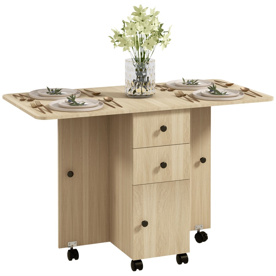 Click to view product details and reviews for Homcom Folding Dining Table For 4 6 Rolling Drop Leaf Table With Storage Drawers Cabinet And Open Shelf Extendable Kitchen Table On Wheels Natural.
