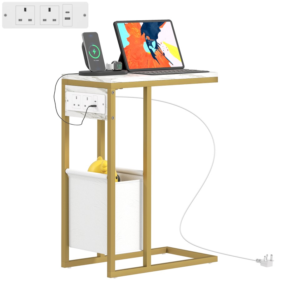 Homcom C Shaped Side Table With Storage And Charging Station Faux Marble Narrow Bedside Table With Fabric Storage Bag And Steel Frame For Living Room