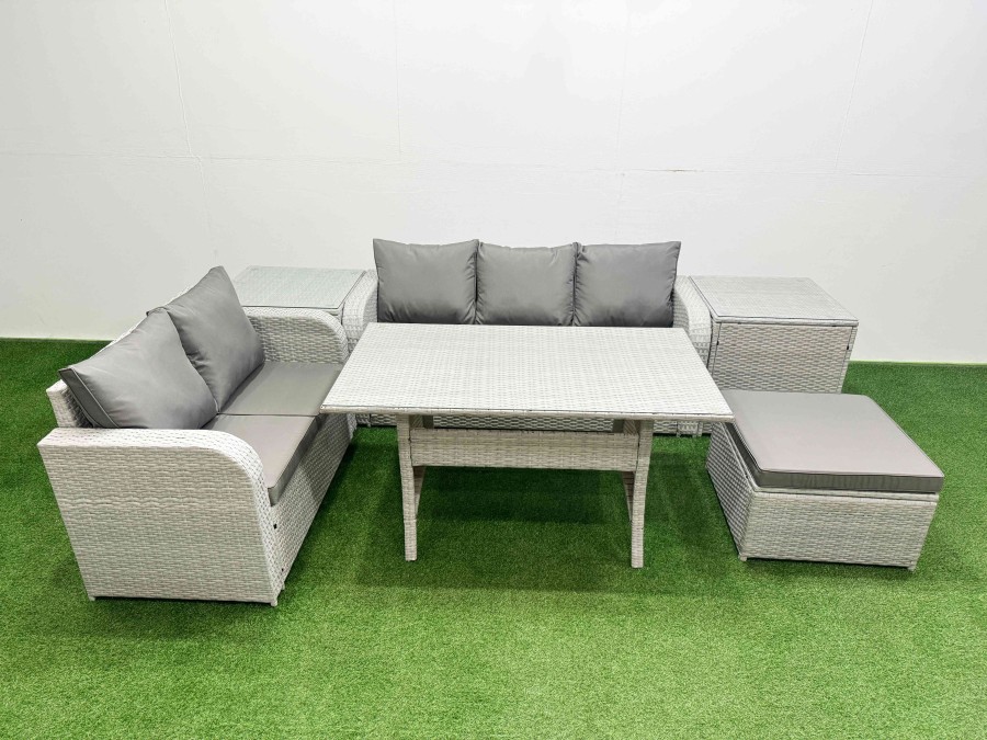 Click to view product details and reviews for Fimous 6 Seater Pe Rattan Wicker Garden Furniture Patio Conservatory Sofa Set With Rectangular Dining Table 3 Seater Sofa Love Sofa Big Footstool 2 Si.