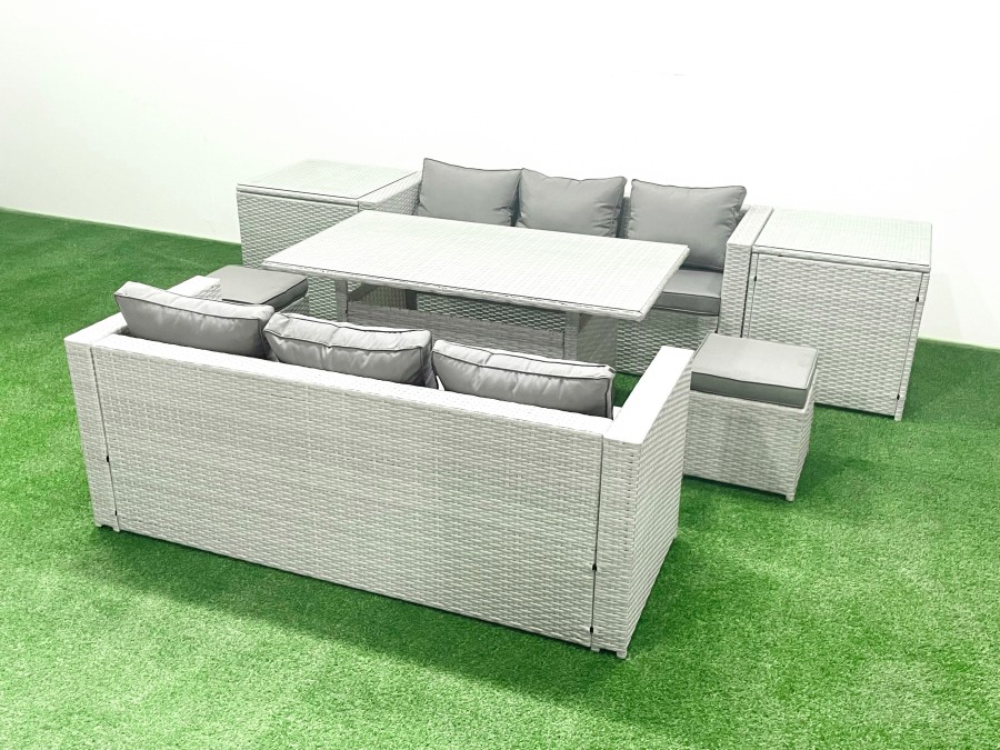 Click to view product details and reviews for Fimous Rattan Garden Furniture Set 8 Seater Outdoor Sofa Set With Dining Table 2 Side Tables 2 Small Footstools Light Grey Mixed.