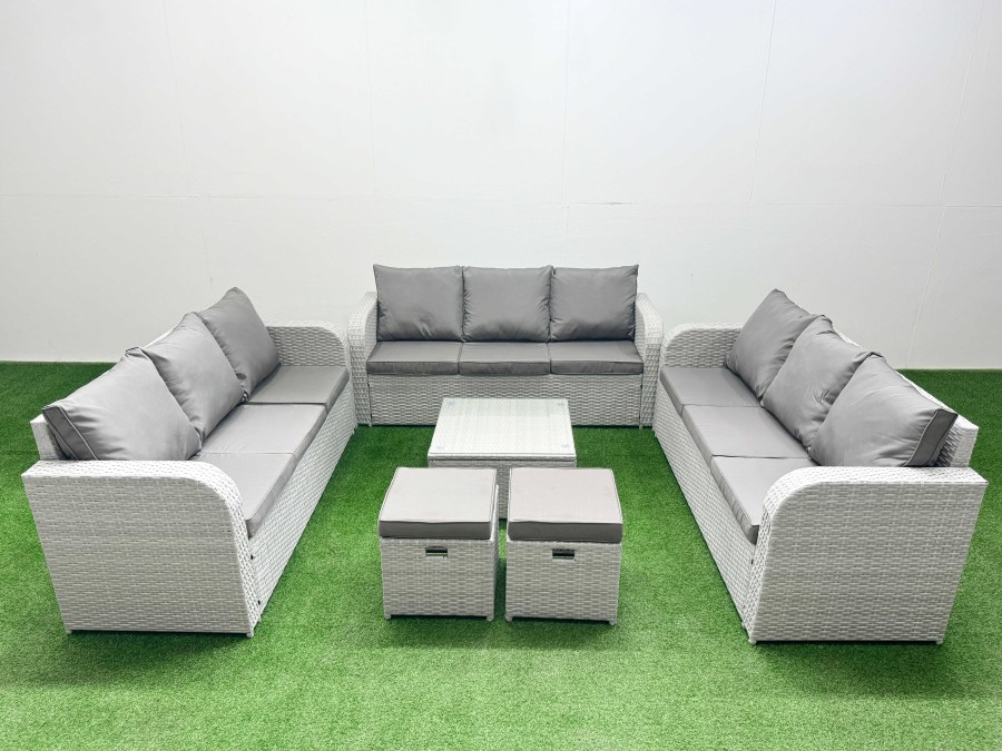 Click to view product details and reviews for Fimous Pe Rattan Lounge Sofa Set 11 Seater Outdoor Garden Furniture Set With Square Coffee Table 3 Seater Sofa 2 Stools Light Grey. Click to view product details and reviews for Fimous Pe Rattan Lounge Sofa Set 11 Seater Outdoor Garden Furniture Set With Square Coffee Table 3 Seater Sofa 2 Stools Light Grey.