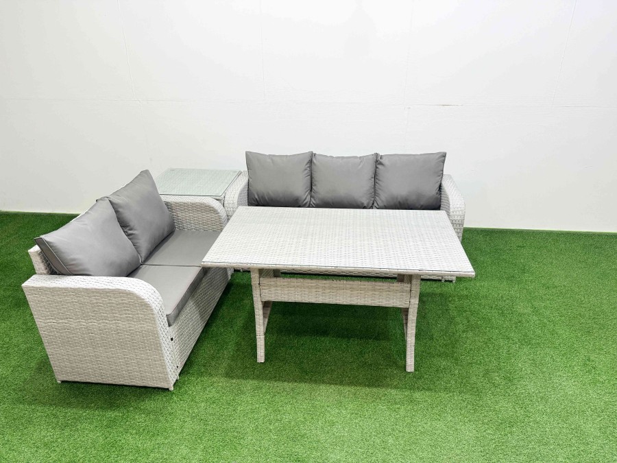 Click to view product details and reviews for Fimous 5 Seater Pe Rattan Wicker Garden Furniture Patio Conservatory Sofa Set With Rectangular Dining Table 3 Seater Sofa Love Sofa Side Table.