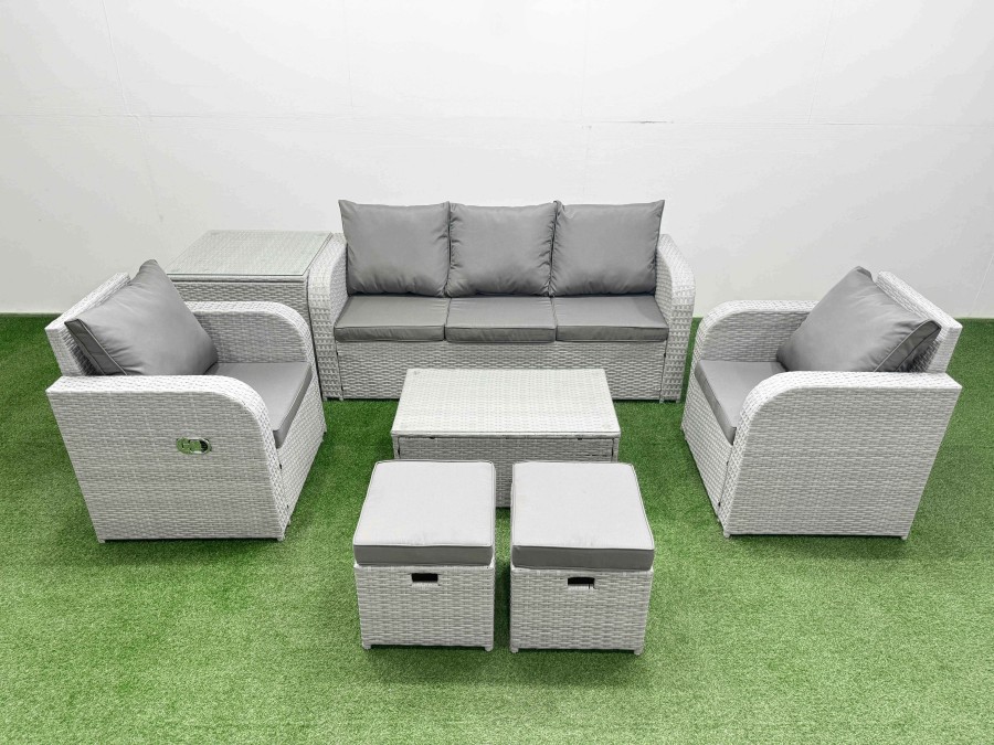 Click to view product details and reviews for Fimous Pe Rattan Garden Furniture Set Reclining Chair Sofa Lounge Sofa Set Oblong Coffee Table Side Table 2 Small Stools Light Grey. Click to view product details and reviews for Fimous Pe Rattan Garden Furniture Set Reclining Chair Sofa Lounge Sofa Set Oblong Coffee Table Side Table 2 Small Stools Light Grey.
