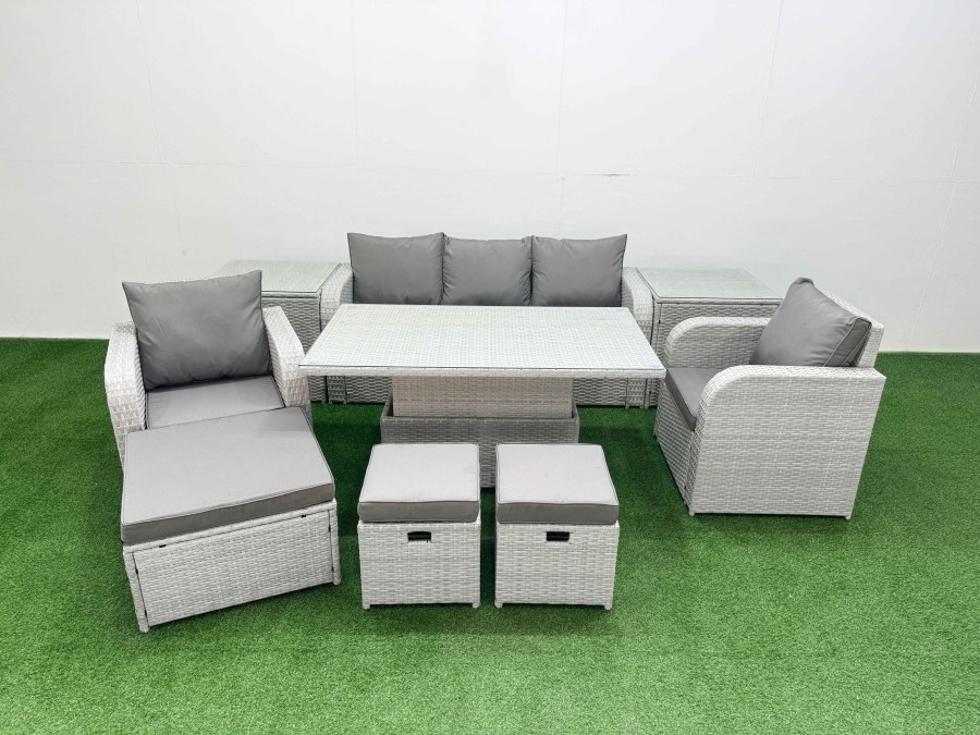 Click to view product details and reviews for Fimous Pe Rattan Garden Furniture Set Reclining Chair Sofa Lounge Sofa Set Adjustable Lifting Dining Or Coffee Table 2 Side Table 3 Stools Light Grey.