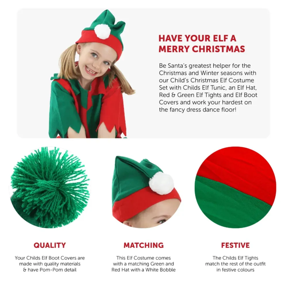 Childs Elf Costume | 4 Pcs | Tunic, Hat, Tights & Boots