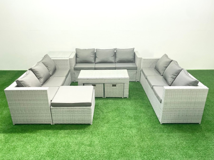 Click to view product details and reviews for Fimous Rattan Garden Outdoor Furniture Set 12 Seater Garden Sofa Oblong Coffee Table Set With 3 Footstools Side Table Light Grey Mixed.