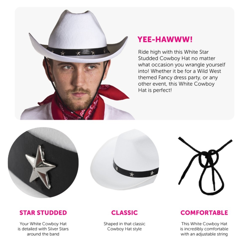 Western Cowboy Accessory Set - White Star Studded Hat & American Flag