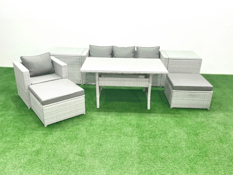Click to view product details and reviews for Fimous Rattan Garden Furniture Set Outdoor 6 Seater Patio Dining Sets With Glass Top Dining Table 2 Side Tables Light Grey Mixed.