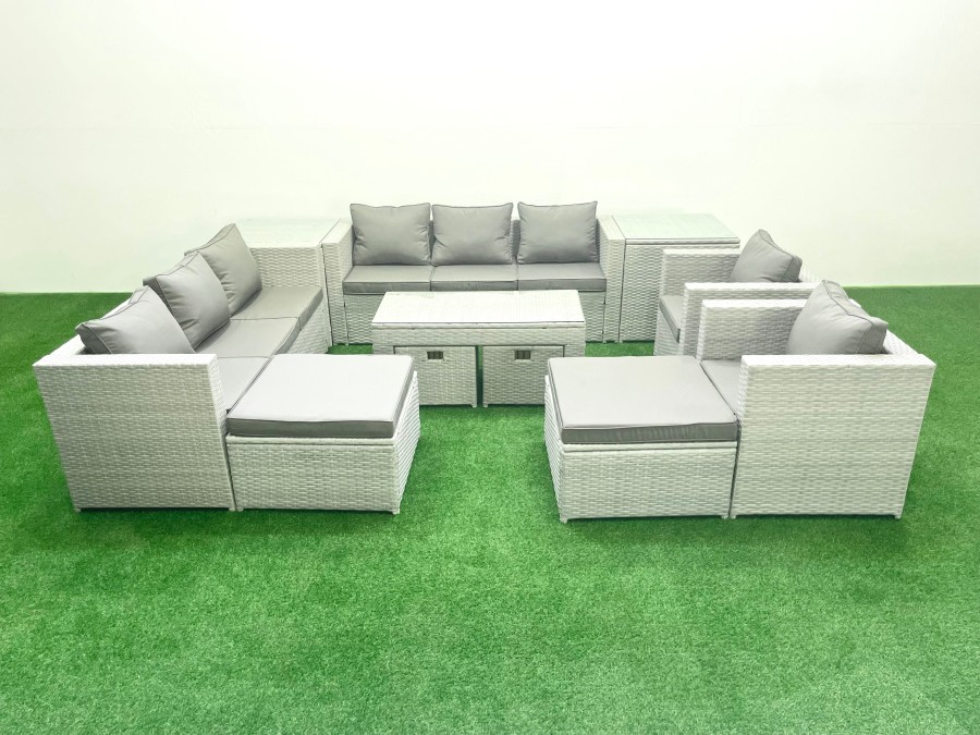 Click to view product details and reviews for Fimous Rattan Garden Furniture Set Outdoor Lounger Sofa With Coffee Table 4 Footstools 2 Side Tables Light Grey Mixed 12 Seater.