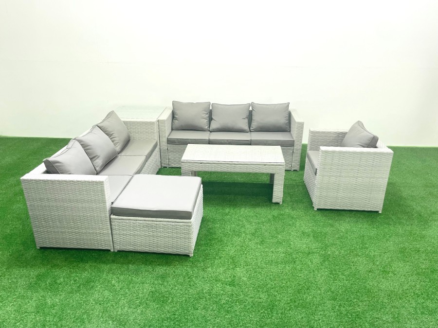 Click to view product details and reviews for Fimous Wicker Pe Rattan Sofa Garden Furniture Set With Oblong Coffee Table Armchair Big Footstool Side Table Light Grey Mixed.