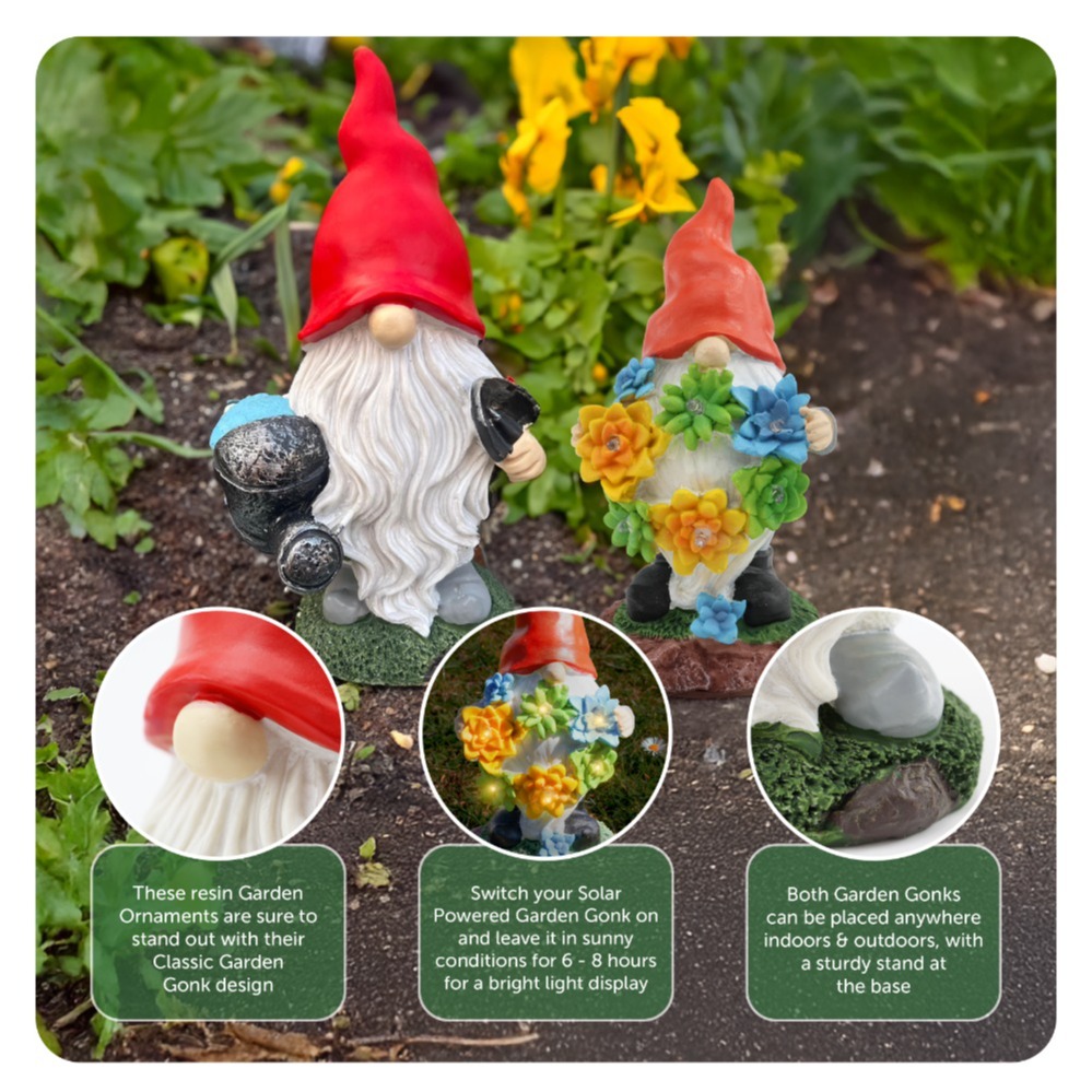 2 Pack Garden Gonk Ornaments (33cm & 22cm) – Resin Gnome Decorations with Solar Light for Outdoor or Indoor Use