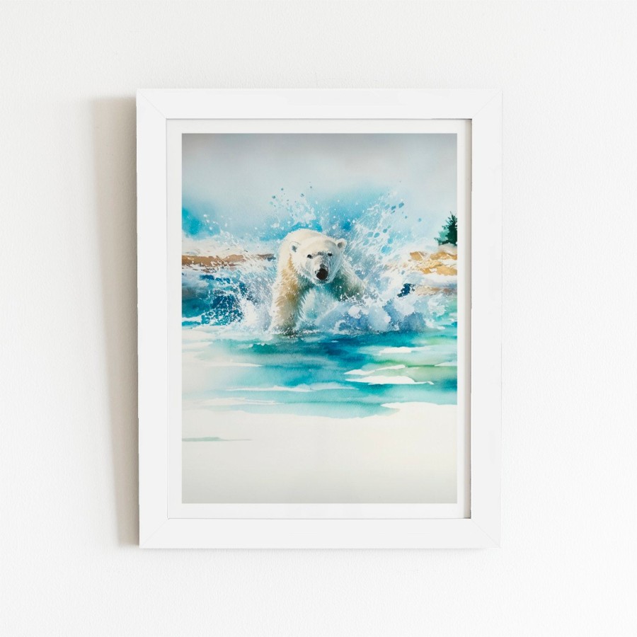 Hunting Polar Bear Watercolour Art Prints 16 X 24 White Frame