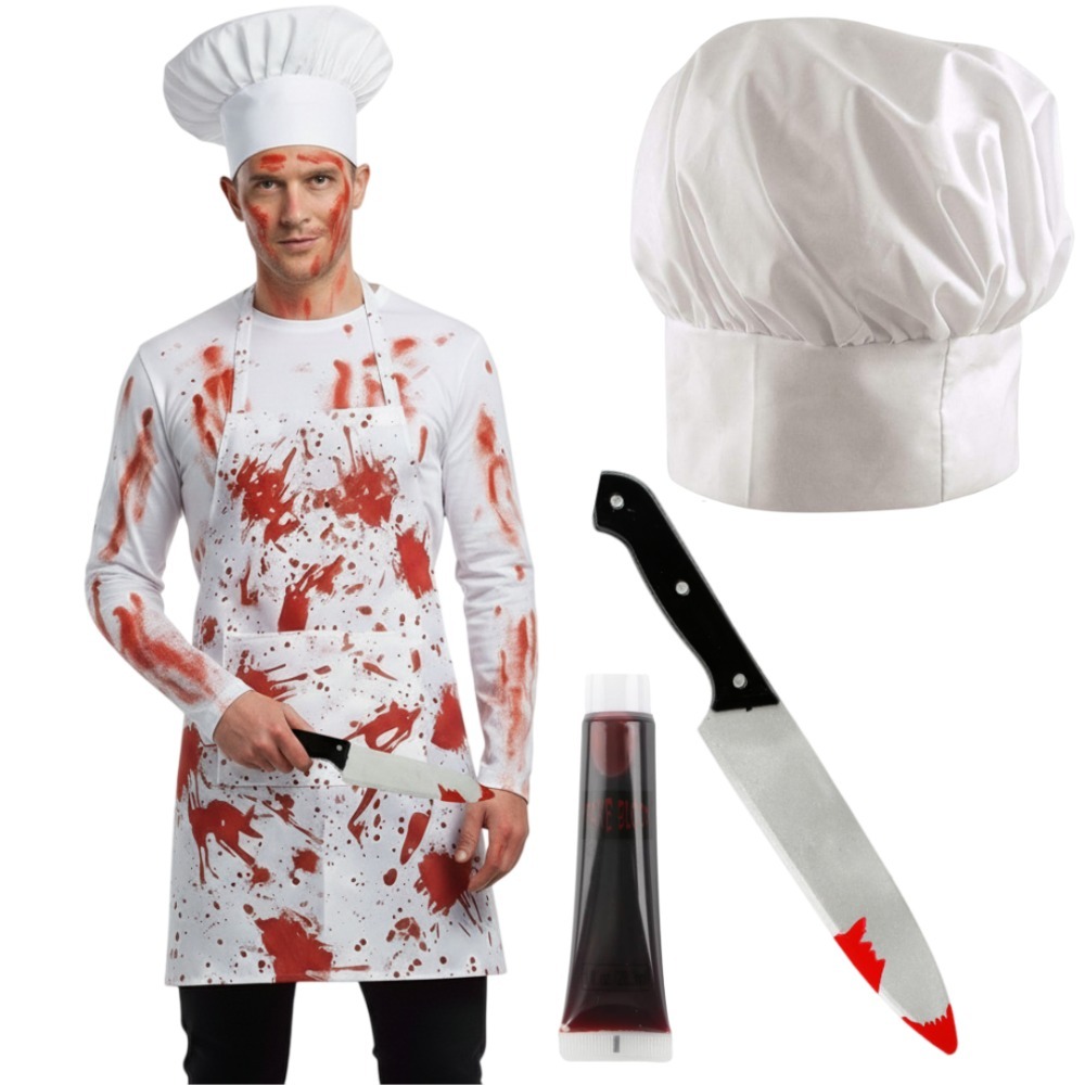 Click to view product details and reviews for Adults Halloween Chef Costume 4 Pcs Bloody Apron Chef Hat Knife Fake Blood.