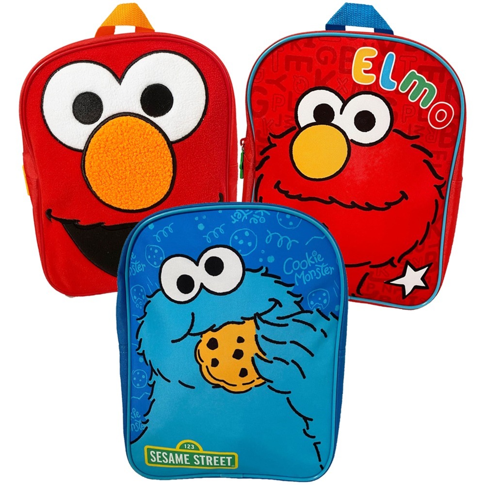 Sesame Street Kids Backpack Set 3 Pcs | 25x30cm | Elmo Classic, Elmo Fluffy Plush & Cookie Monster Backpacks | Adjustable Straps | School Nursery Travel Bags for Children