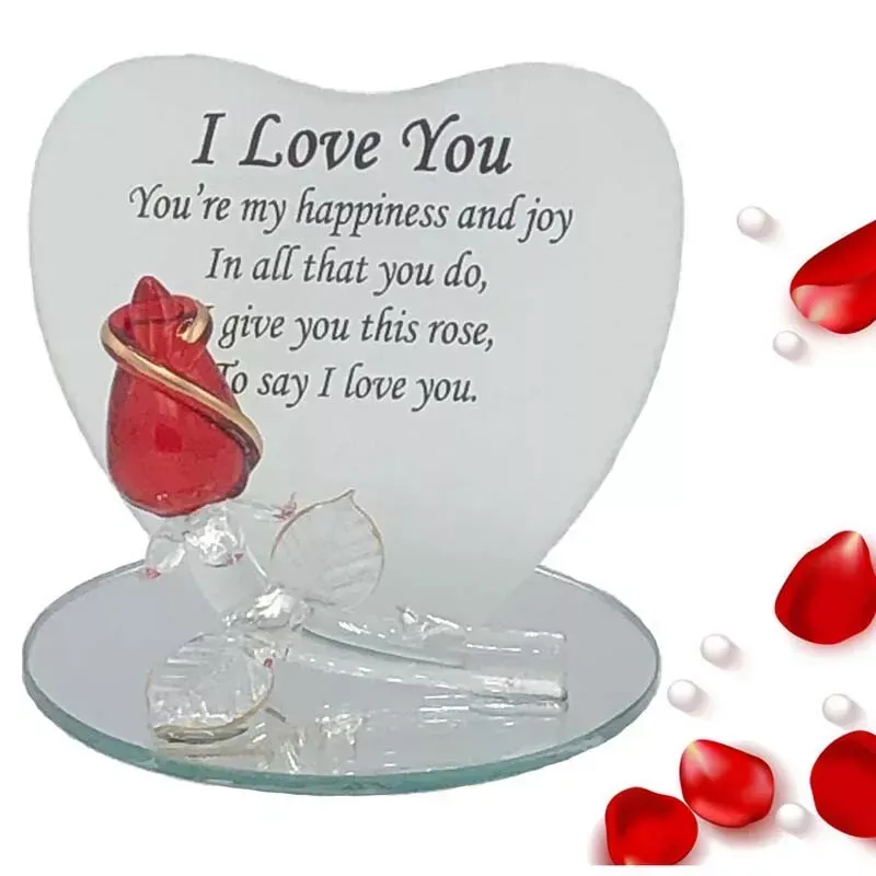 Glass Heart with Red Rose - Romantic Love Valentines Day Gift for Any Occasion