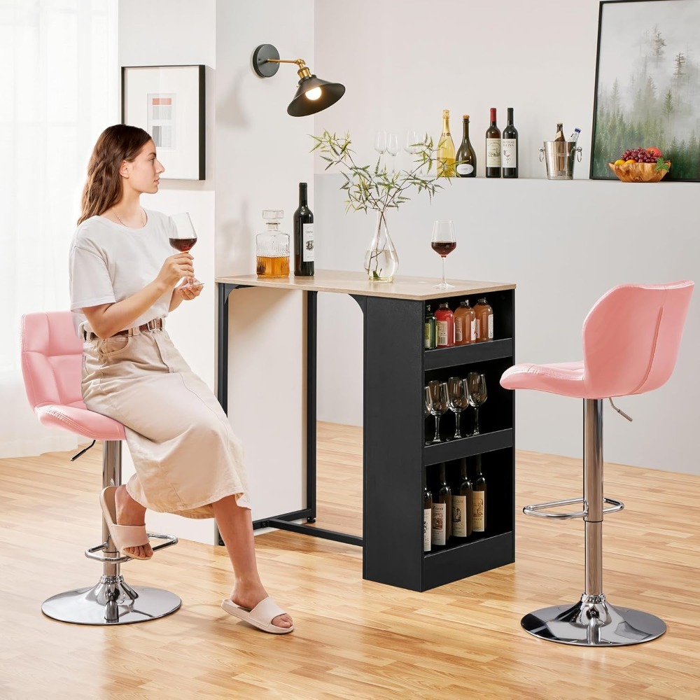 Modern Pink Bar Stools Set of 2, Adjustable Swivel PU Leather Counter Chairs