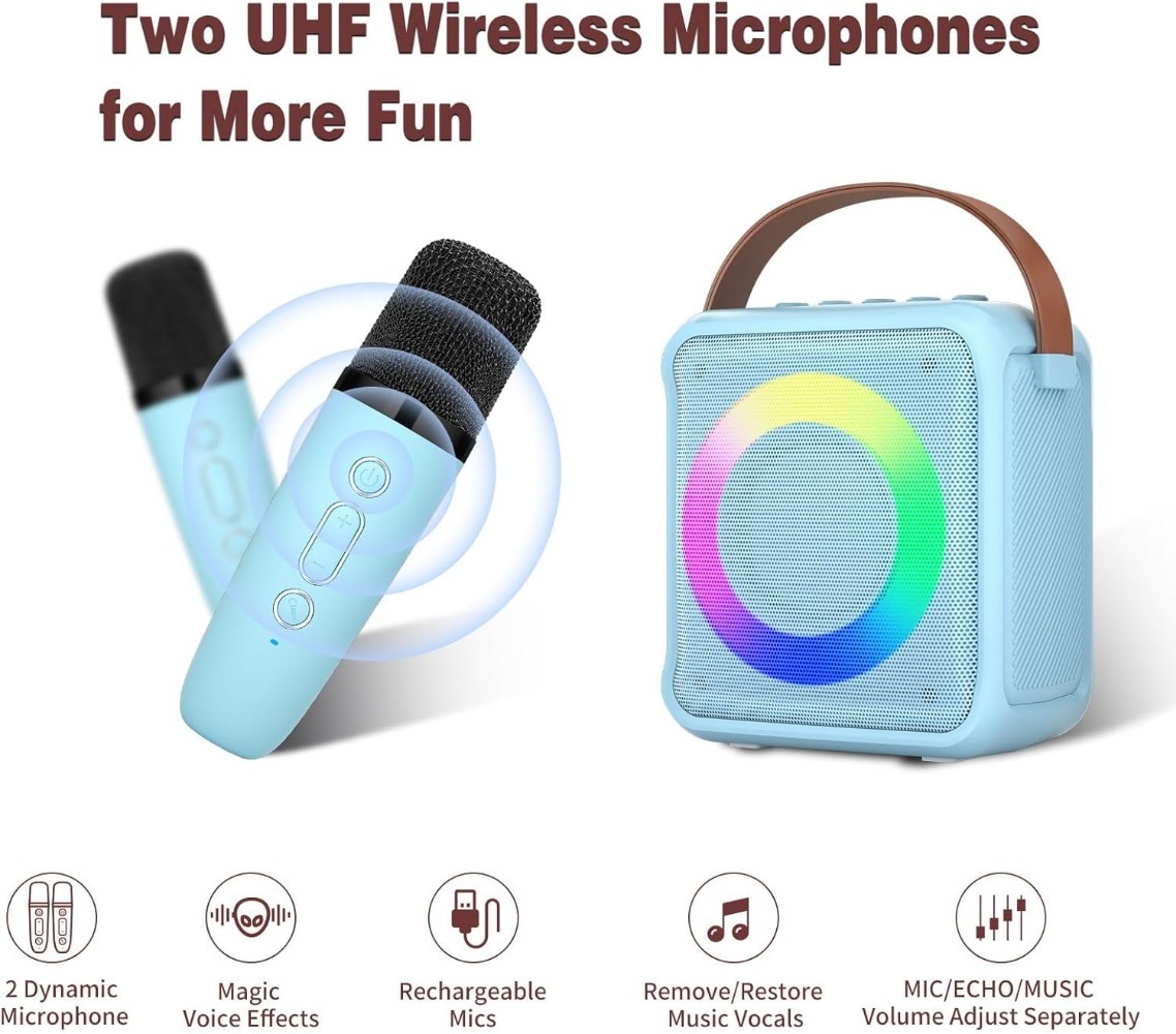 Portable Kids & Adults Karaoke Machine with 2 Mics, LED Lights - Blue
