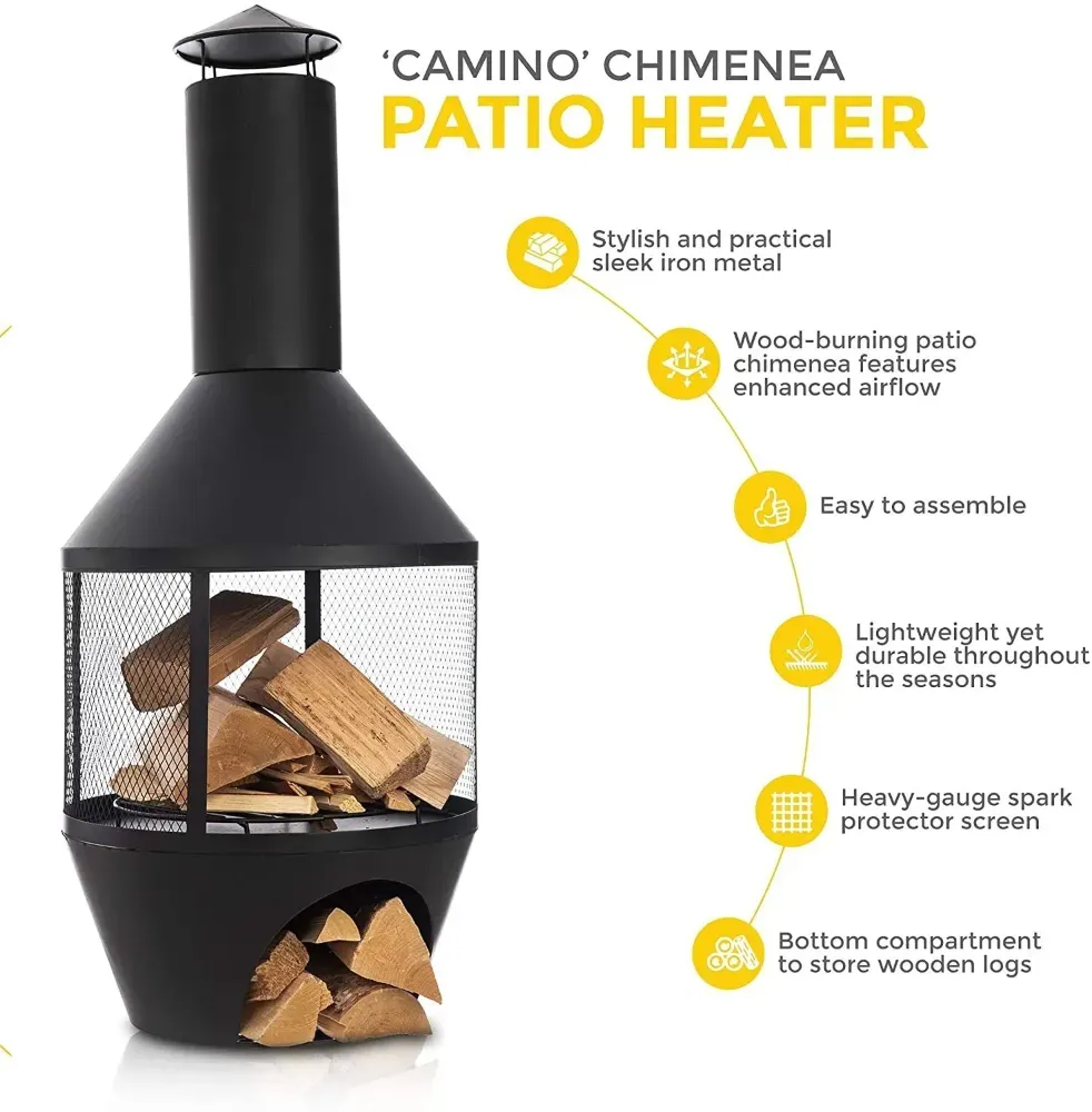 Luxury Steel Chiminea Fire Pit with Log Storage – Modern Patio Heater