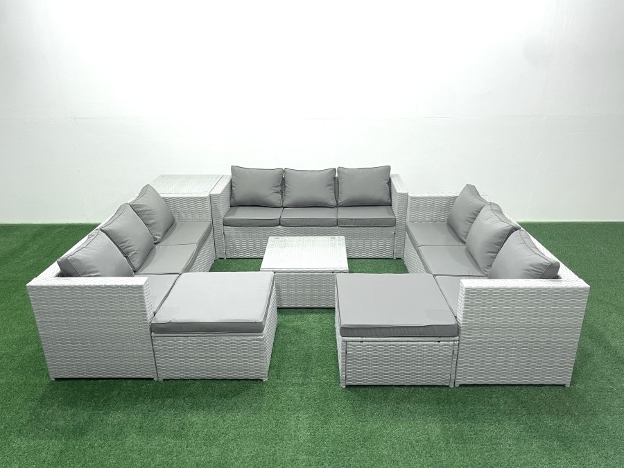 Click to view product details and reviews for Fimous Rattan Garden Outdoor Furniture Set 11 Seater Rattan Garden Sofa Set With 2 Big Footstools Side Table Light Grey Mixed.