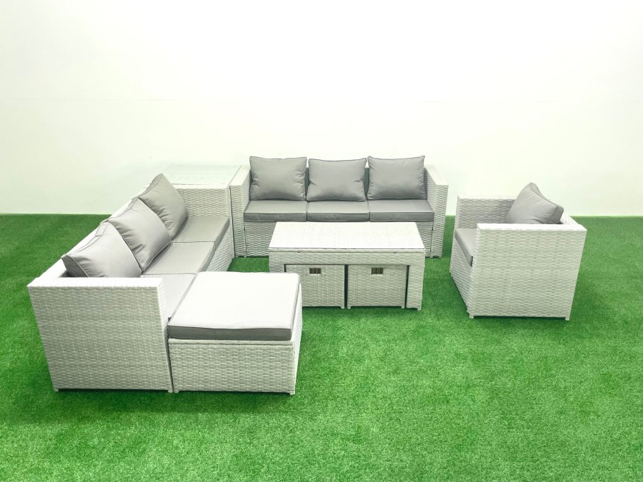 Click to view product details and reviews for Fimous Wicker Pe Rattan Sofa Garden Furniture Set With Oblong Coffee Table Armchair 3 Footstools Side Table Light Grey Mixed.