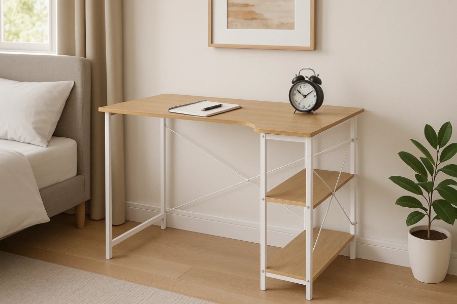 Click to view product details and reviews for L Shaped Computer Desk – Light Oak White Home Office Workstation With Storage Shelves.