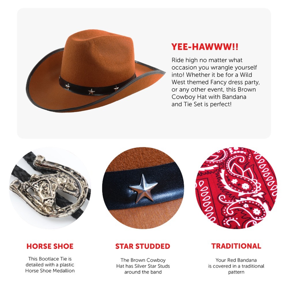 Brown Star Studded Cowboy Hat with Bandana & Tie