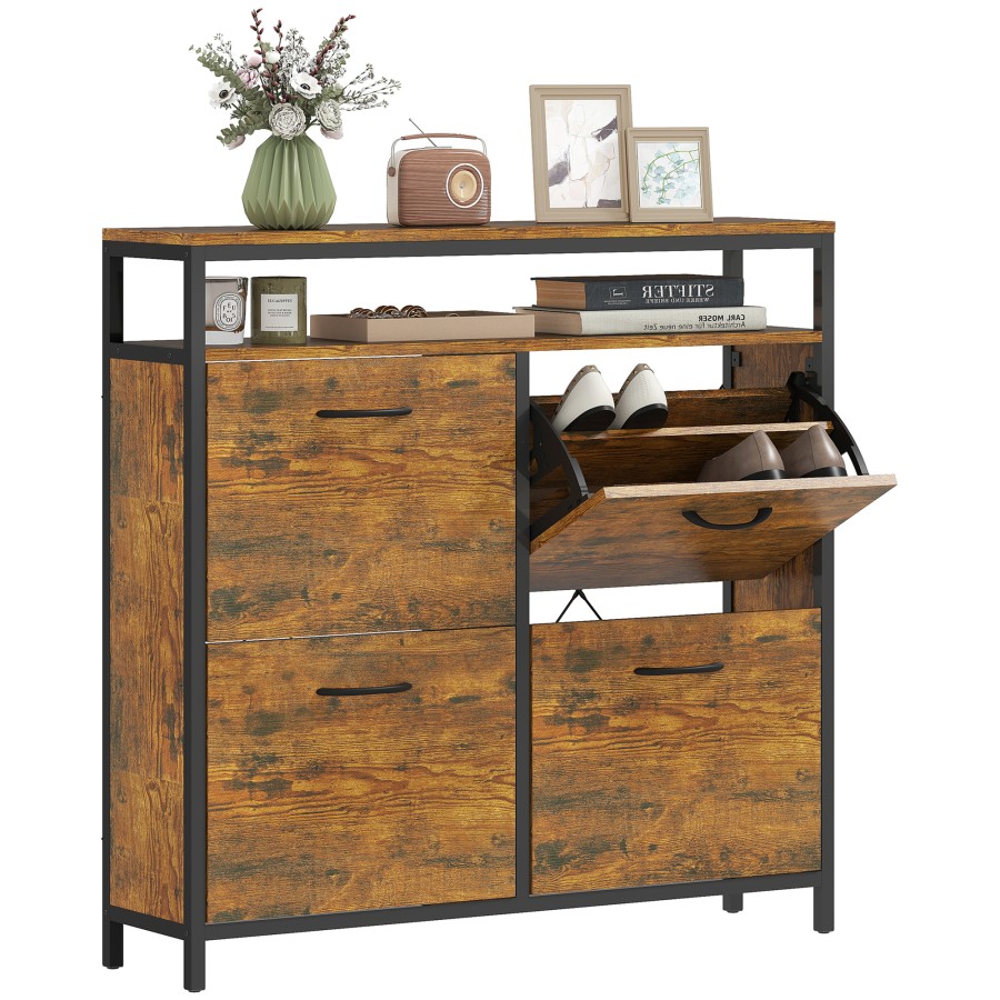 Click to view product details and reviews for Homcom Narrow Shoe Cabinet With 4 Flip Drawers Industrial Slim Shoe Storage Cabinet With Open Shelf And Adjustable Shelves For Hallway Entryway Hol.