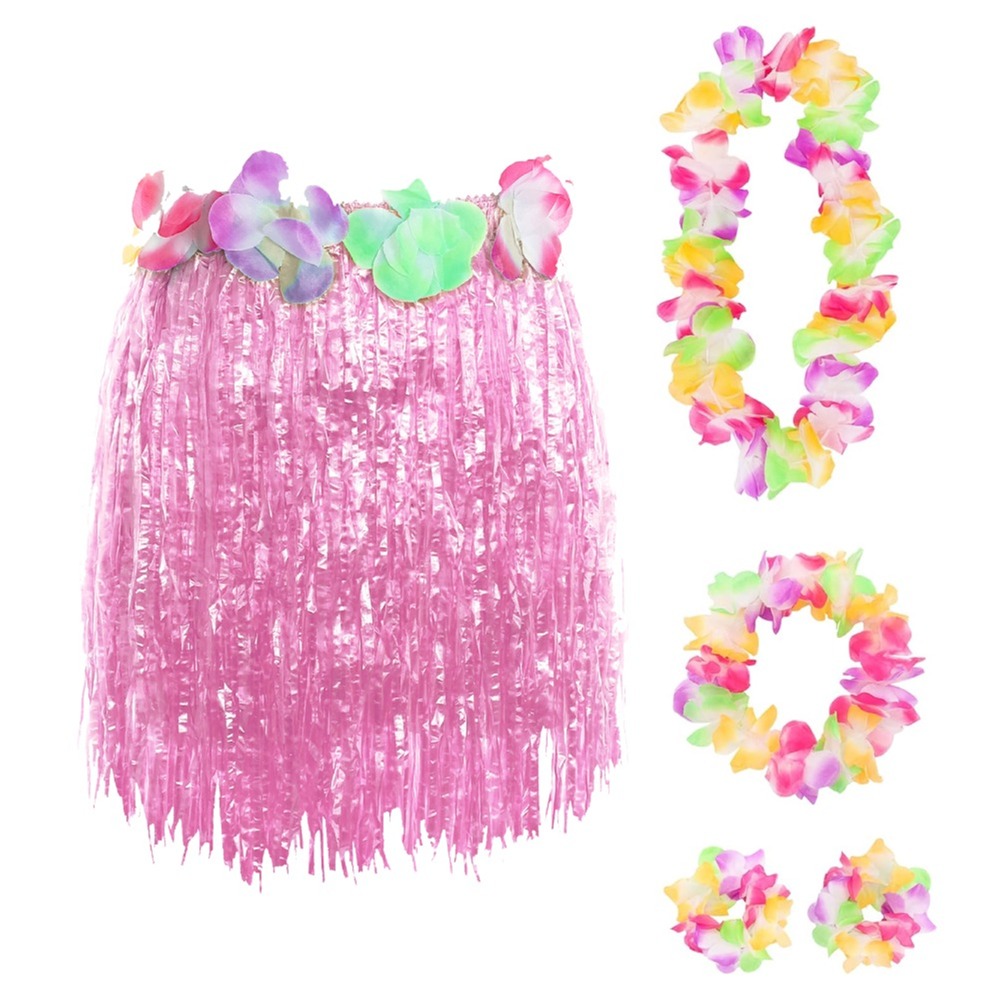 40cm Hawaiian Short Pink Hula Skirt & Lei
