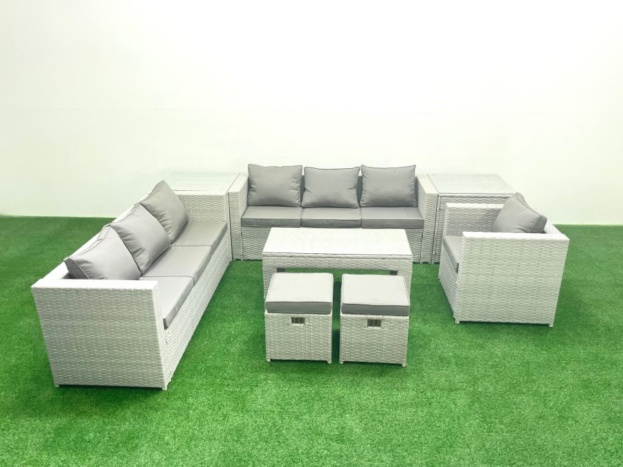 Click to view product details and reviews for Fimous Wicker Pe Rattan Sofa Garden Furniture Set With Oblong Coffee Table Armchair 2 Small Footstools 2 Side Tables Light Grey Mixed.