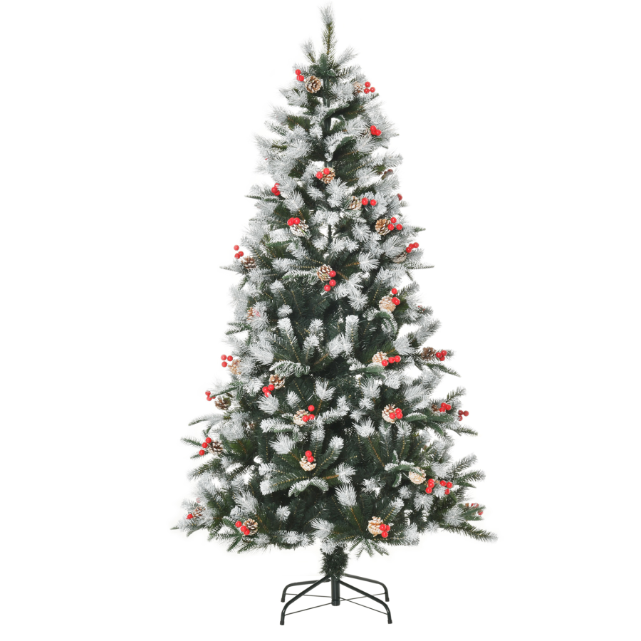 Coffire Homcom 6Ft Artificial Snow Dipped Christmas Tree Xmas Pencil Tree Holiday Home Party Decoration With Foldable Feet Red Berries White Pinecones, Green