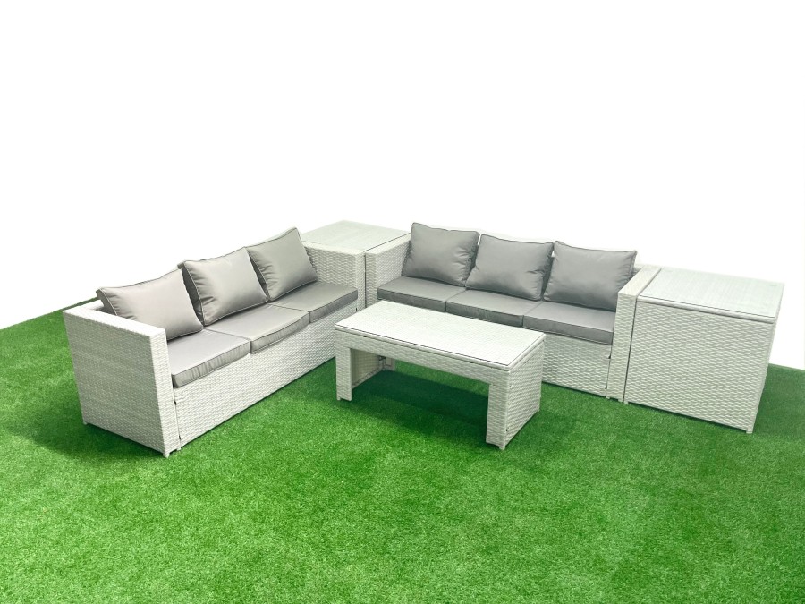 Click to view product details and reviews for Fimous 6 Seater Garden Outdoor Rattan Furniture Set Rattan Garden Sofa Oblong Coffee Table With 2 Side Tables Light Grey Mixed.