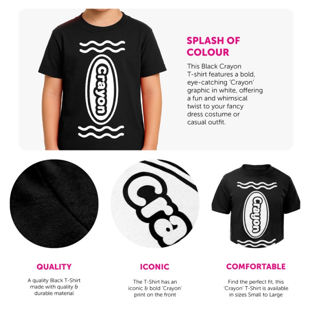 Boy's Black Crayon T-Shirt – Fun Kids Costume Top for Parties, Dress-Up & School Events
