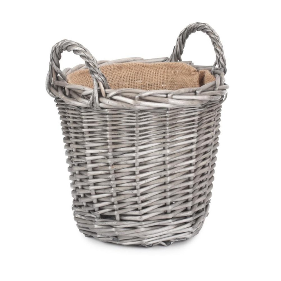 Red Hamper Round Antique Wash Finish Wicker Lined Wicker Log Basket - Small